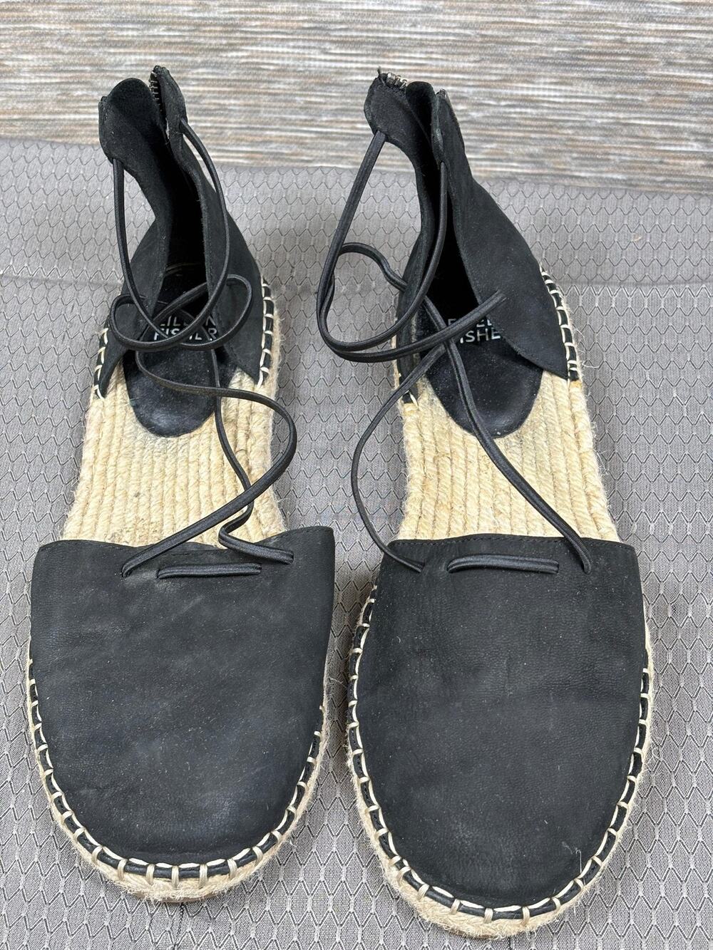 Eileen Fisher Espadrille Sandals Womens Size 8 Black Suede Lace Up Ankle Strap